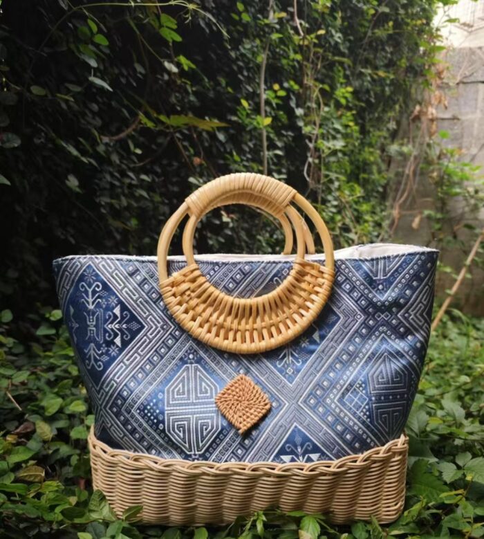 Zhuangbrocade Rattan Woven Round Handle Handbag