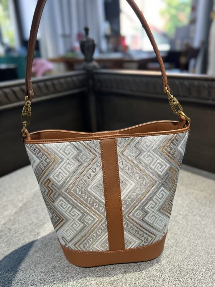 Zhuang Brocade Leather Bucket Bag